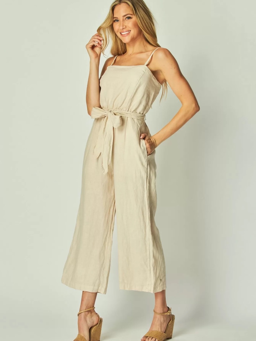 Bella Dahl Sleeveless Tie-Waist Wide-Leg Jumpsuit - Cream
